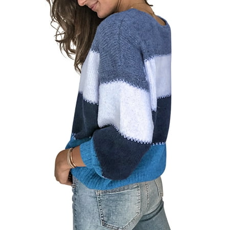 Eoeth Women Casual Striped V-Neck Long Sleeve Irregularity Knit Top Blouse Sweater Pullover